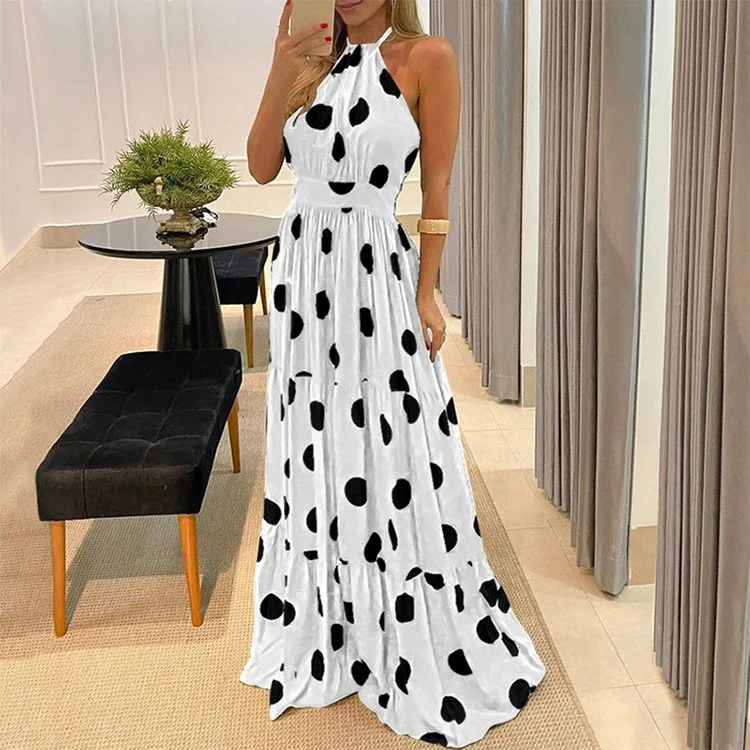 

2021 dress long skirt European and American polka dot halter neck waist big swing dress evening dress women's dress