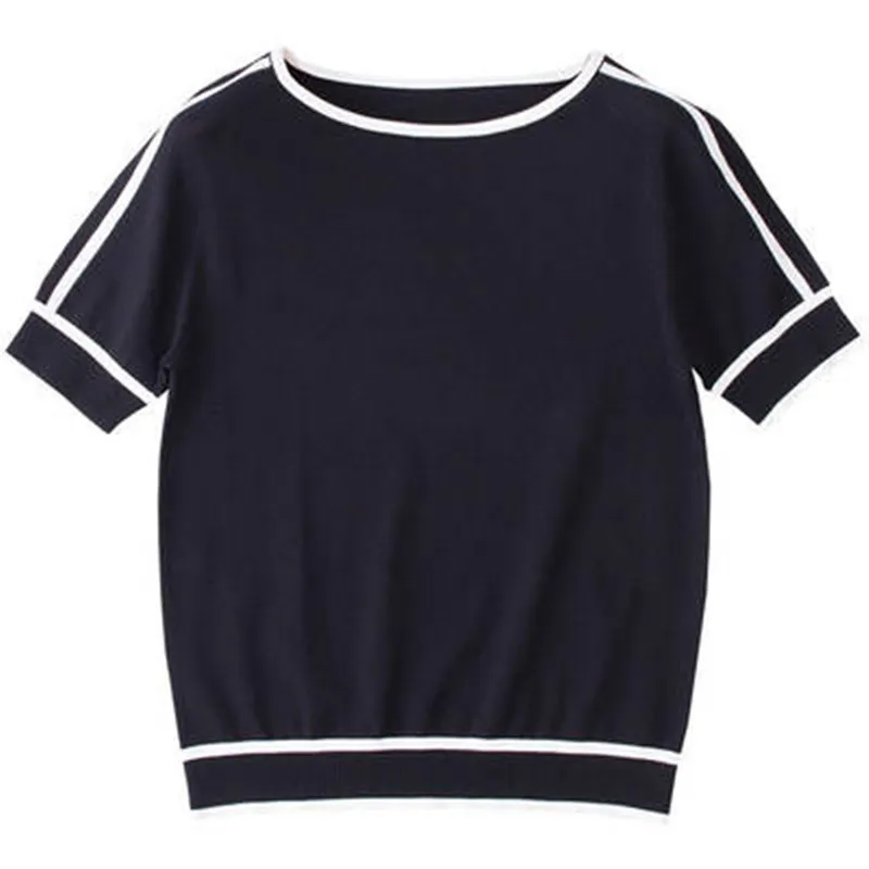 Новая летняя Женская свободная футболка с коротким рукавом Корейская вязаная