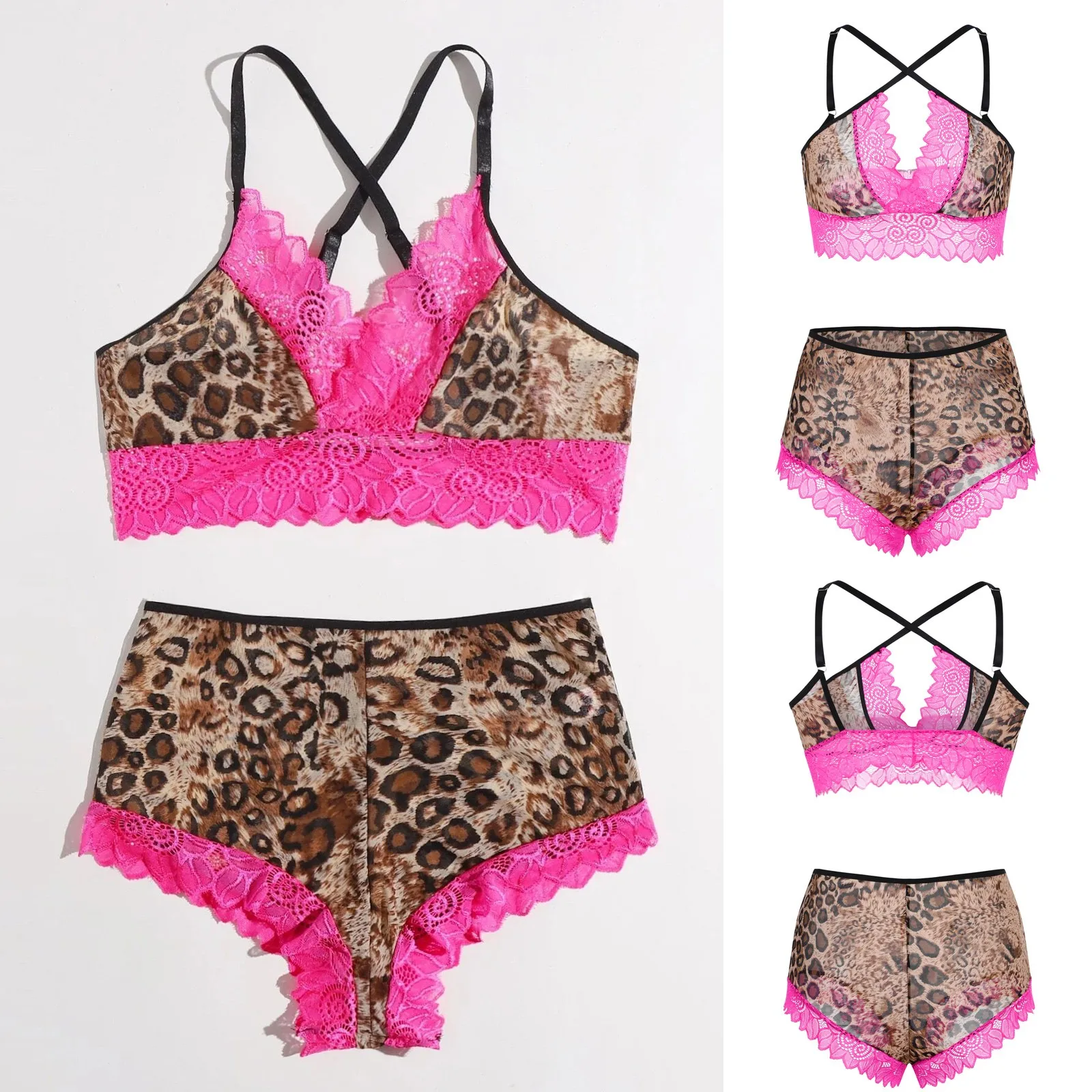 

Комплект нижнего белья из 2 предметов, одежда для сна с леопардовым принтом, Женский пижамный комплект, Сексуальная Домашняя одежда, кружевн...