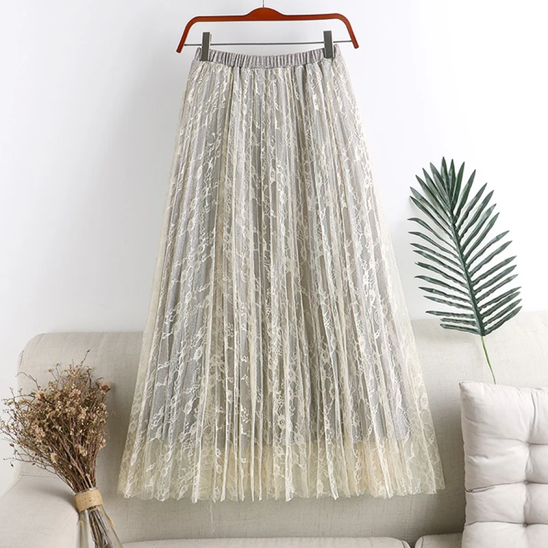 

Spring summer 2020 Women Skirt Hollow lace hook flower Bright silk lining High Waist Elascity Casual Party Skirt