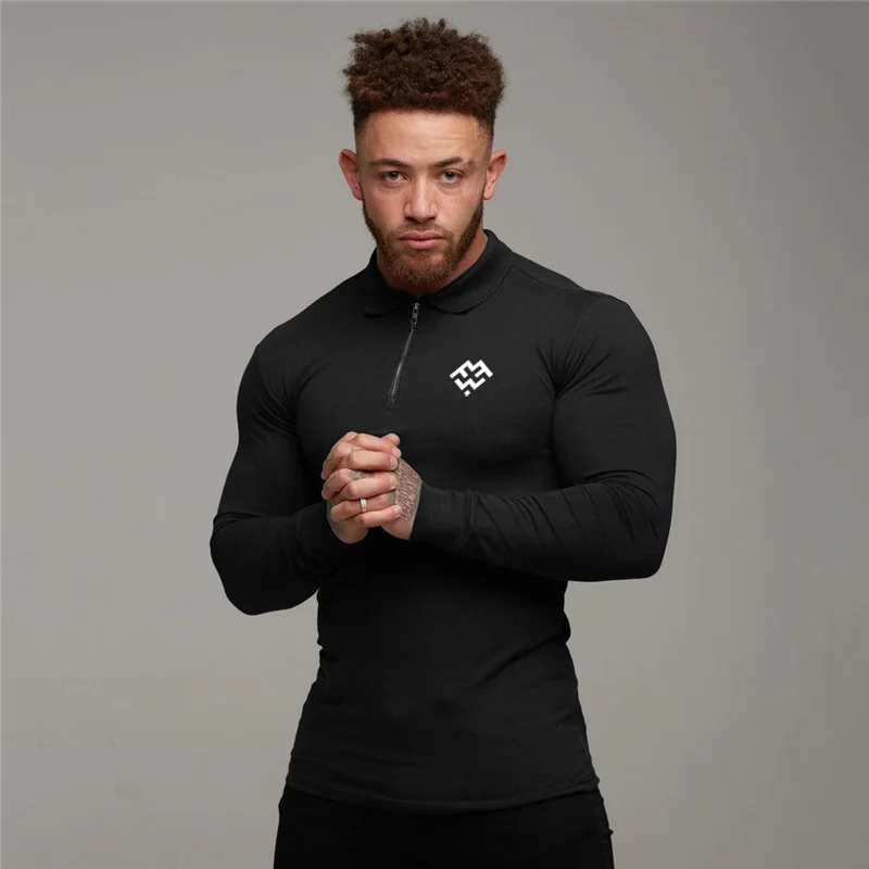 

Men's Gym Fashion Zipper Polo Shirt Workout Casual Polo Muscle Breathable Sports Long Sleeve Clothing Bodybuilding Polos Shirts