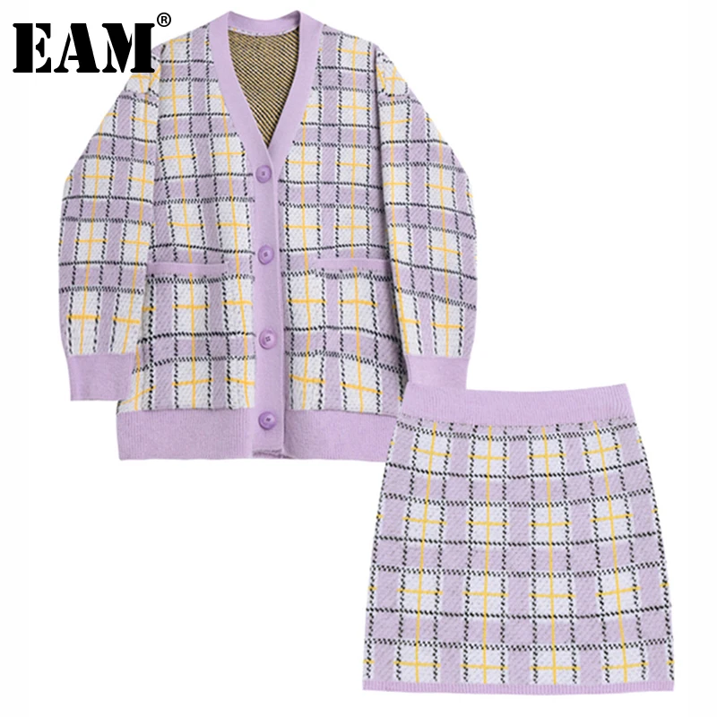 

[EAM] Half-body Skirt Knitting Two Pieces Suit New Round Neck Long Sleeve Purple Loose Women Fashion Spring Autumn 2021 1DE3308