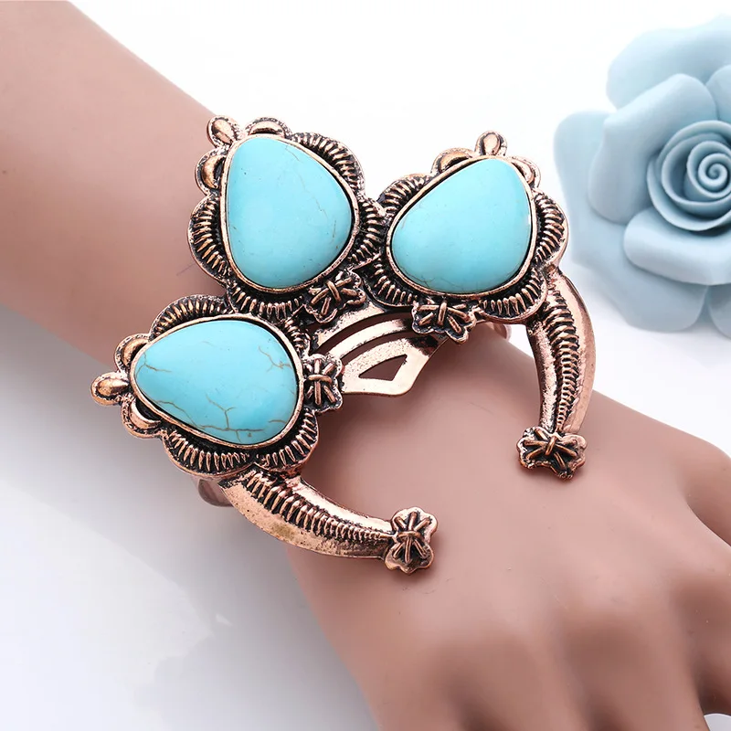 Banny Pink Chunky Turquoises Cluster Bangle Bracelet For Women Bohemia Stone Cuff Wristband large Alloy Wristlet Pulseras | Украшения и