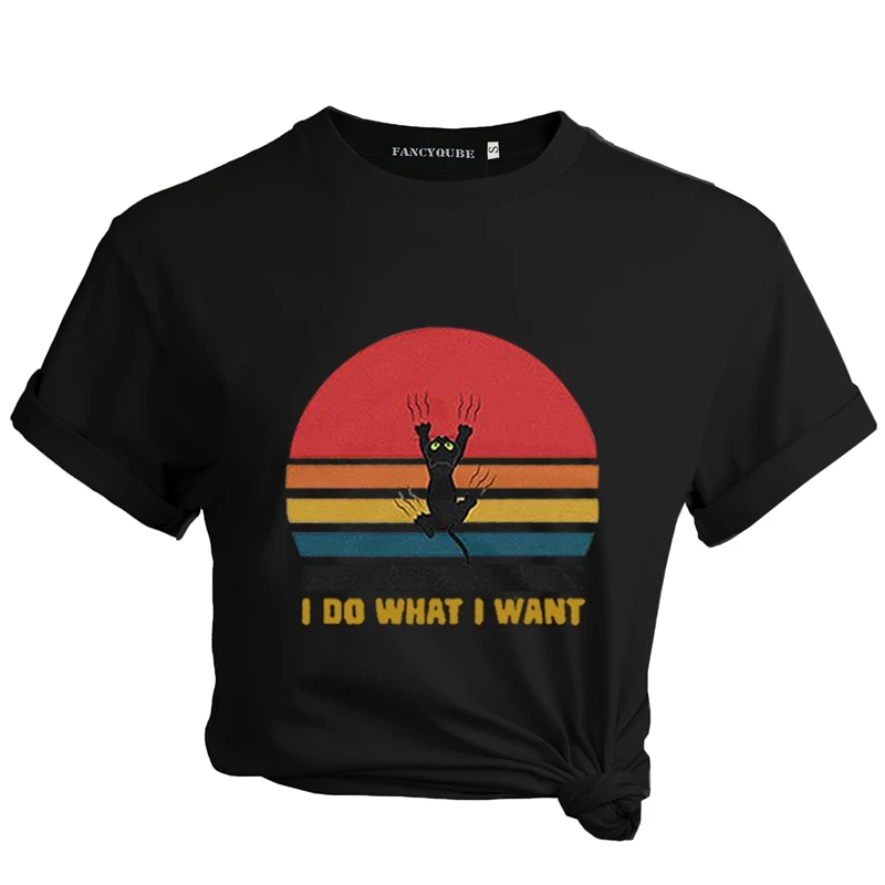 Милая кошка I Do What I Want винтажная женская футболка женская мужская футболка с длинными рукавами топы с круглым вырезом и коротким рукавом