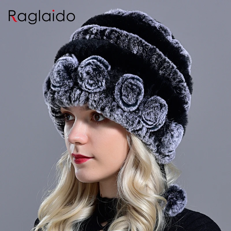 

Raglaido зимние шапки для девочек женская меховая шапка из натурального кролика рекс вязаная шапка с цветочным рисунком шапочки 55-59 см LQ11280