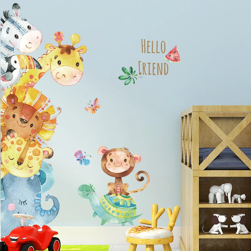 

Cartoon Animals Elephant Giraffe Lion Monkey Friends Wall Stickers for Kids Room Children Wall Decal Nursery Bedroom Door Decor