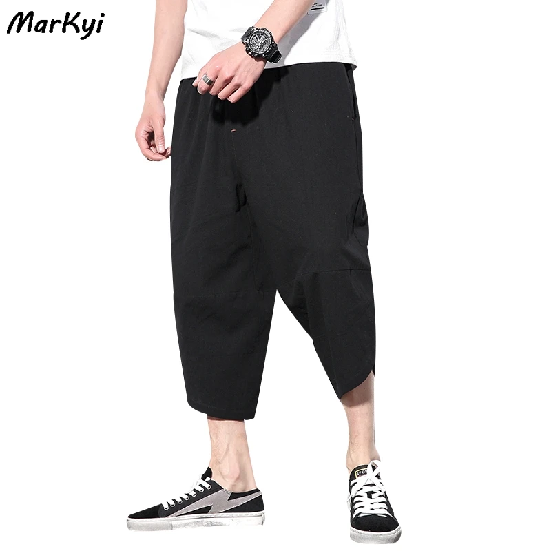

MarKyi 2020 new calf length streetwear trousers men loose linen casual harem pants men joggers