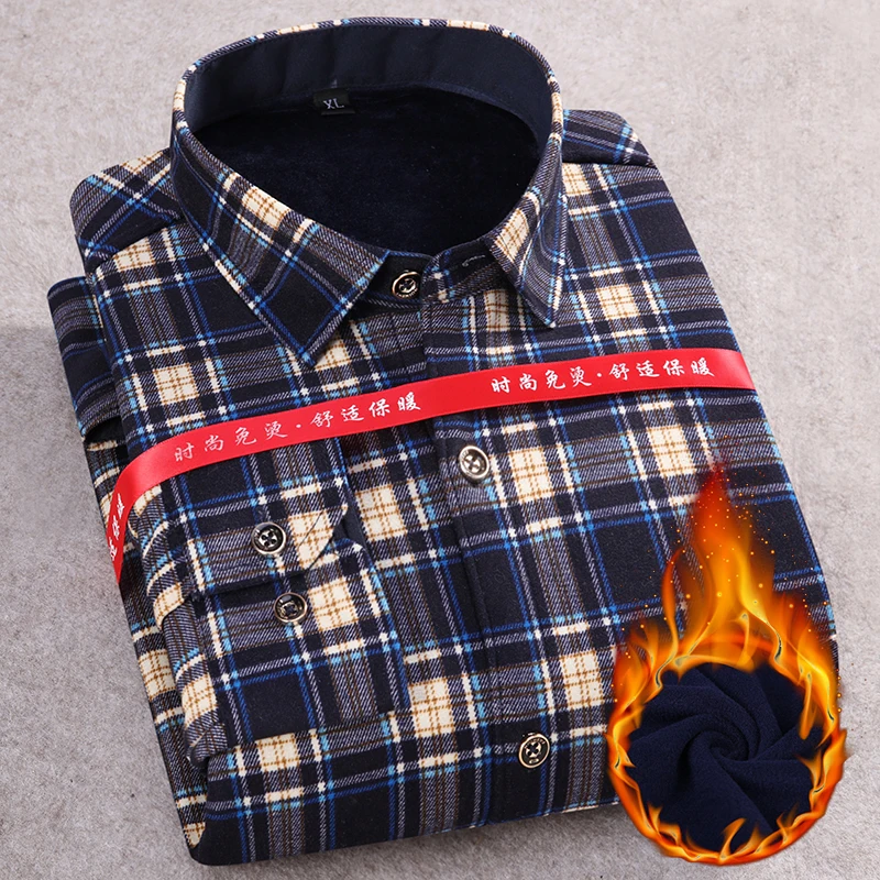Aoliwen 2019 NEW Winter warm shirt men plus velvet thick double Print plaid stretch clothes Flannel wool | Мужская одежда