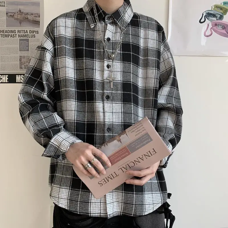 Fashion Japanese Vintage Plaid Shirt Korean Style Long Sleeve Loose Casual Harajuku Oversized Button Up Tartan Shirt