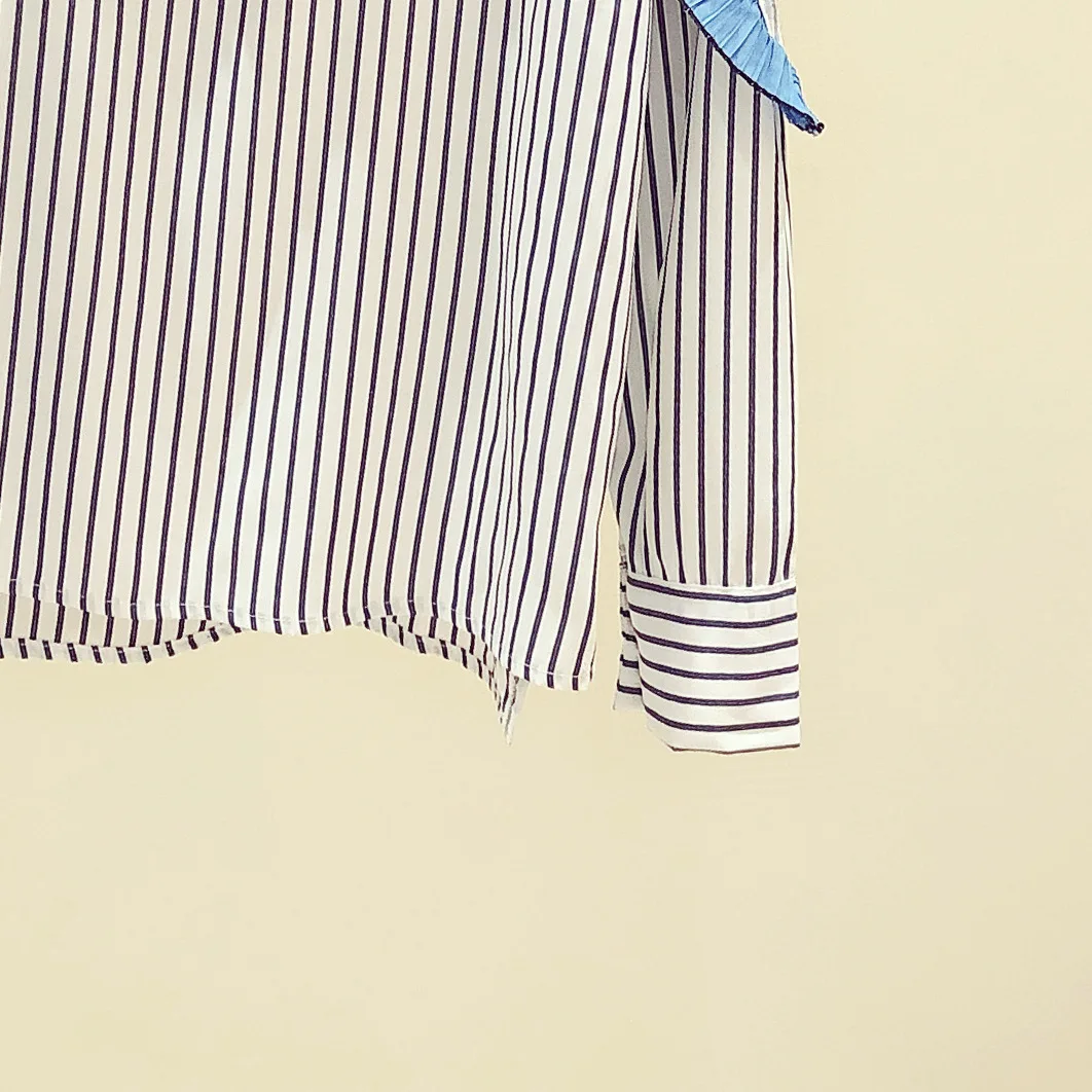 

2021 Spring New Korean Striped Stitching Loose All-Match Top Fashion Long Sleeve Women's Shirt Casual Blouses