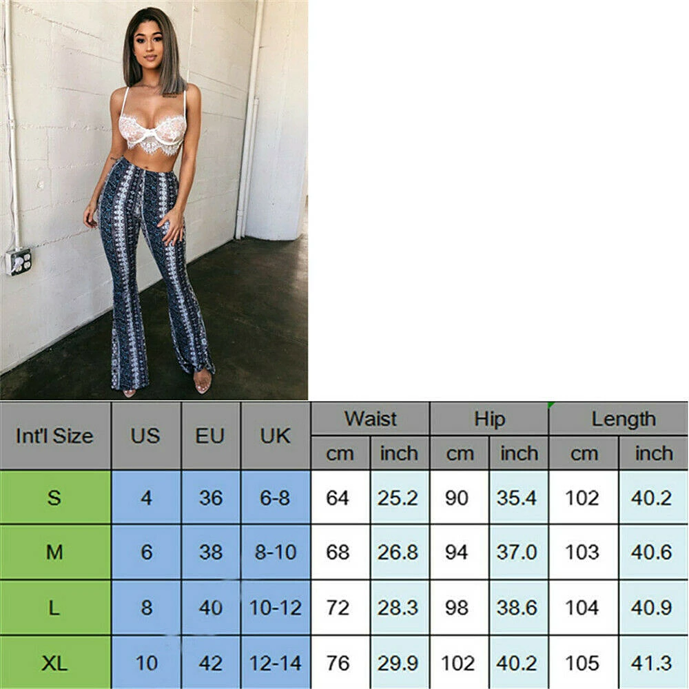 

2019 New Boho Summer Women's Stretch Bell Bottom Trousers Ladies Slim Printed Flared Pants High Waist Fashion Women Long Pants