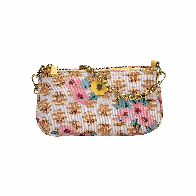 

Women's new retro flowers printed shoulder bag Ladies personality fashion chain crossbody bag INS art baguette zipper bags
