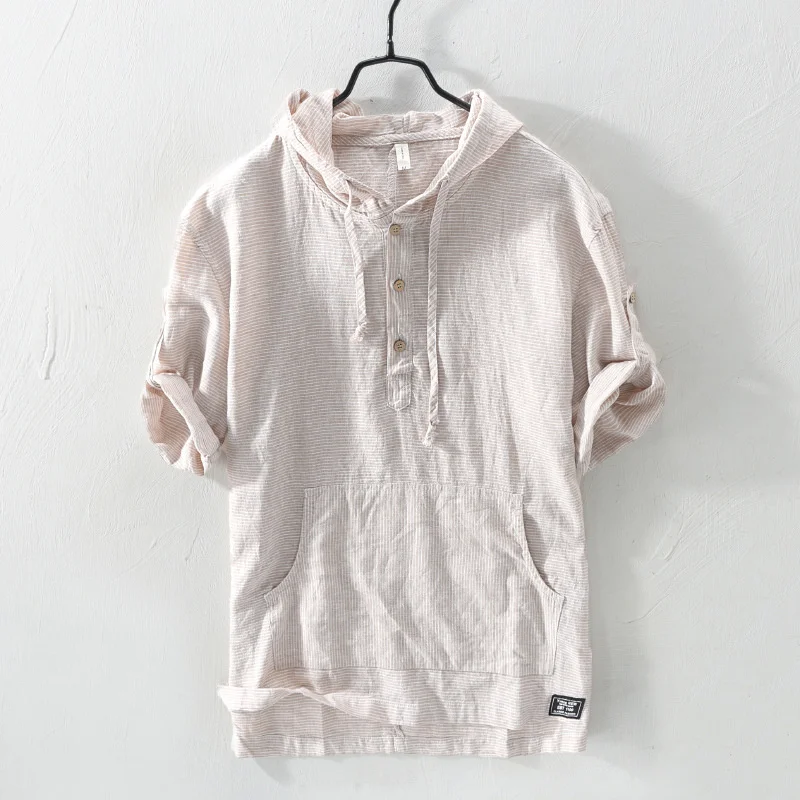 

Vintage Men's Shirt Linen Hooded T-shirt Shirt Harajuku Men's Trui Tops camisa masculina