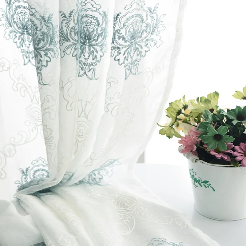 Европейские тюлевые шторы с вышивкой для гостиной прозрачные спальни синий