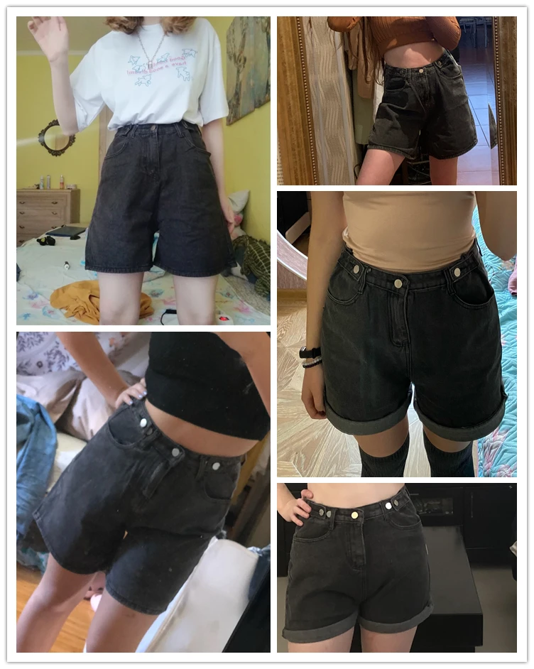 

New Summer Women High Waist Button Leg Jeans Shorts Casual Female Loose Fit Blue Denim Shorts