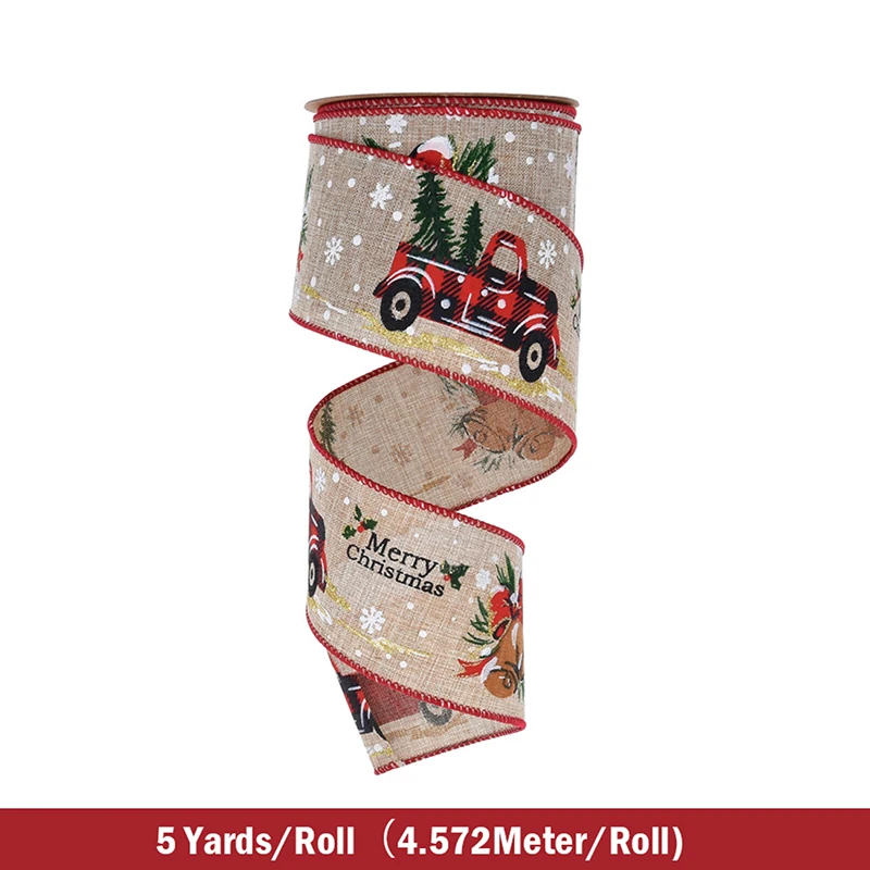 

1 roll Delicate christmas bell car printed Imitation linen ribbon for diy gift packaing