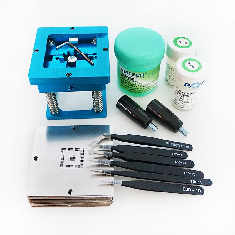 

Набор для реболлинга BGA, 184 шт., 90 мм, трафареты BGA прямого нагрева + 2 шт. паяльных шариков 250K + флюсовая паста AMTECH + 6 шт. пинцетов VENTUS ESD