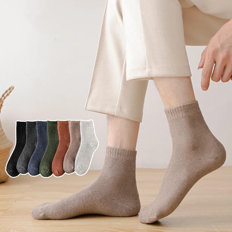 

5 Pairs Socks Men Tube In Autumn And Winter Plus Velvet Thickening Cold-Resistant Terry Warm Bottom Solid Color Cotton Socks