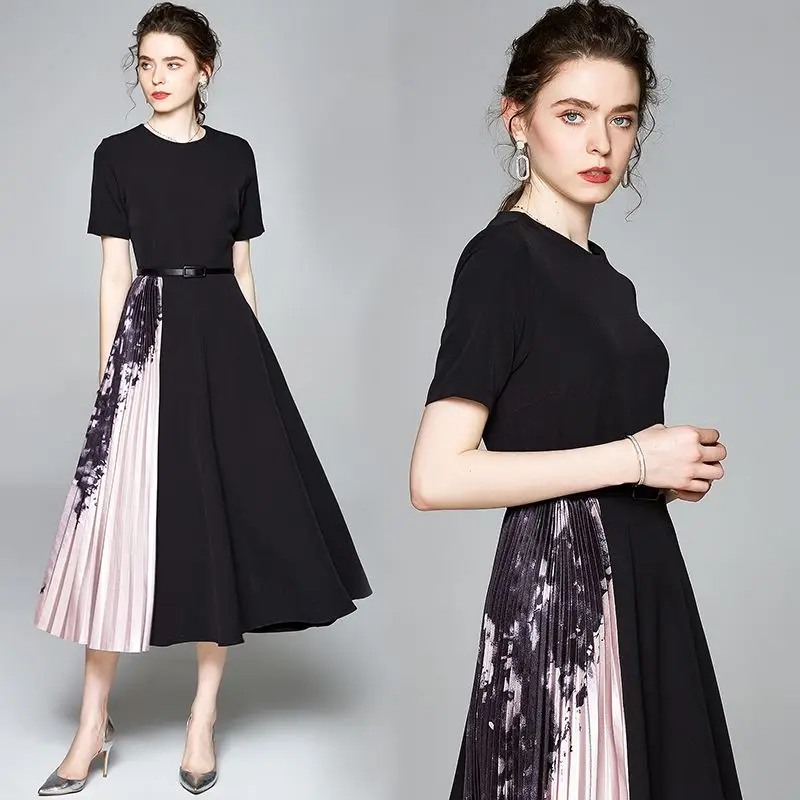 

Autumn Winter Women O-neck Long Sleeves Sashes Dresses Female Office Vestidos High Quality Print Patchwork Pleated Dress 8609
