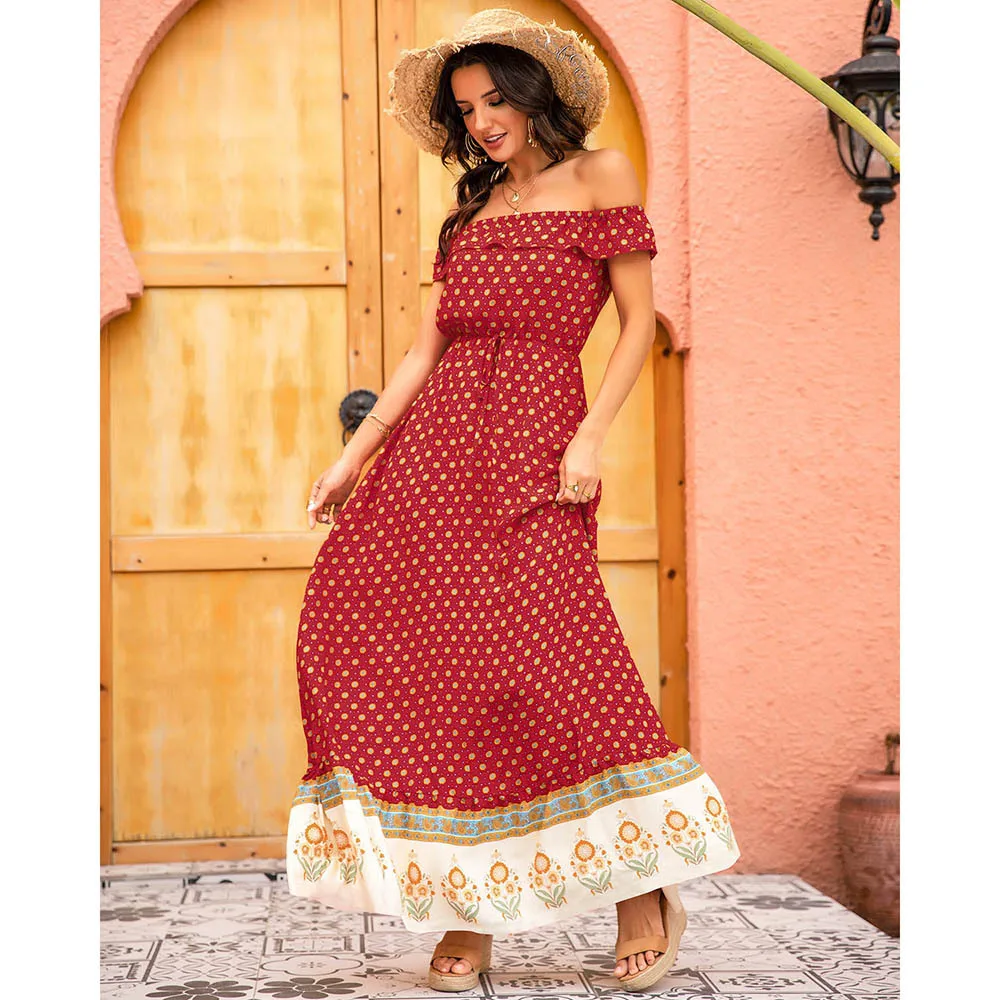 Женское богемное Платье макси с открытыми плечами Красное Длинное винтажное