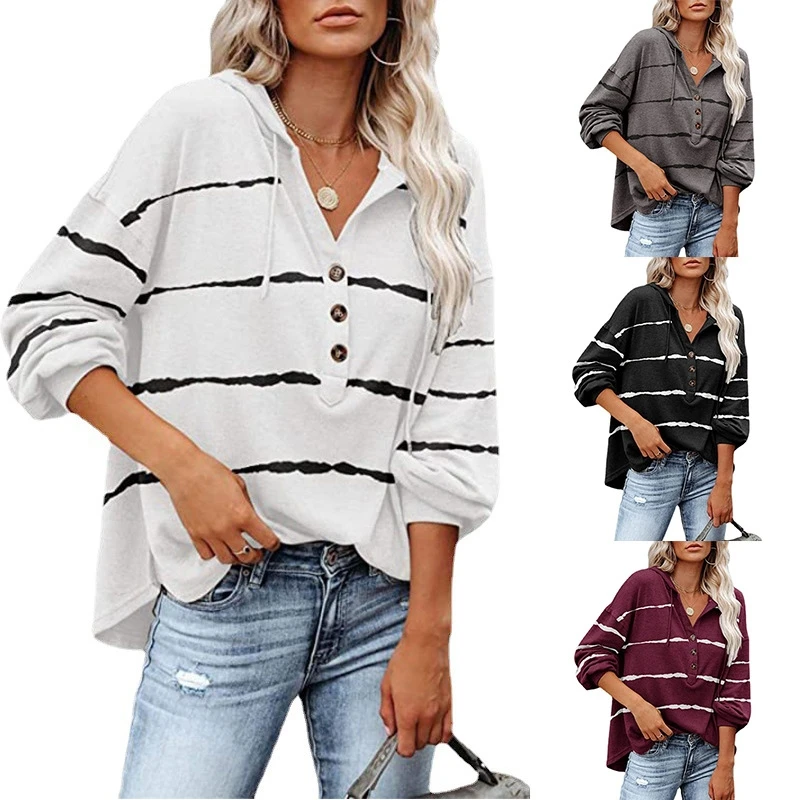

2021 women's sweater autumn and winter New Stripe V-neck buckle casual hooded top women