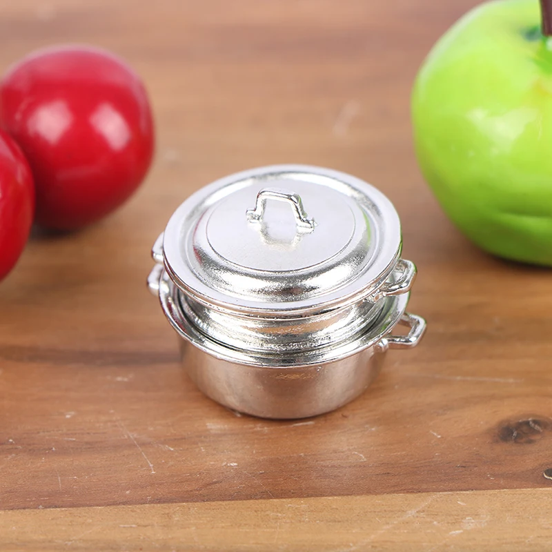 

New Hot! 1:12 Dollhouse Miniature Metal Steamer Pot with Cover 3Pcs/Set Kitchen Scene Model Accessories