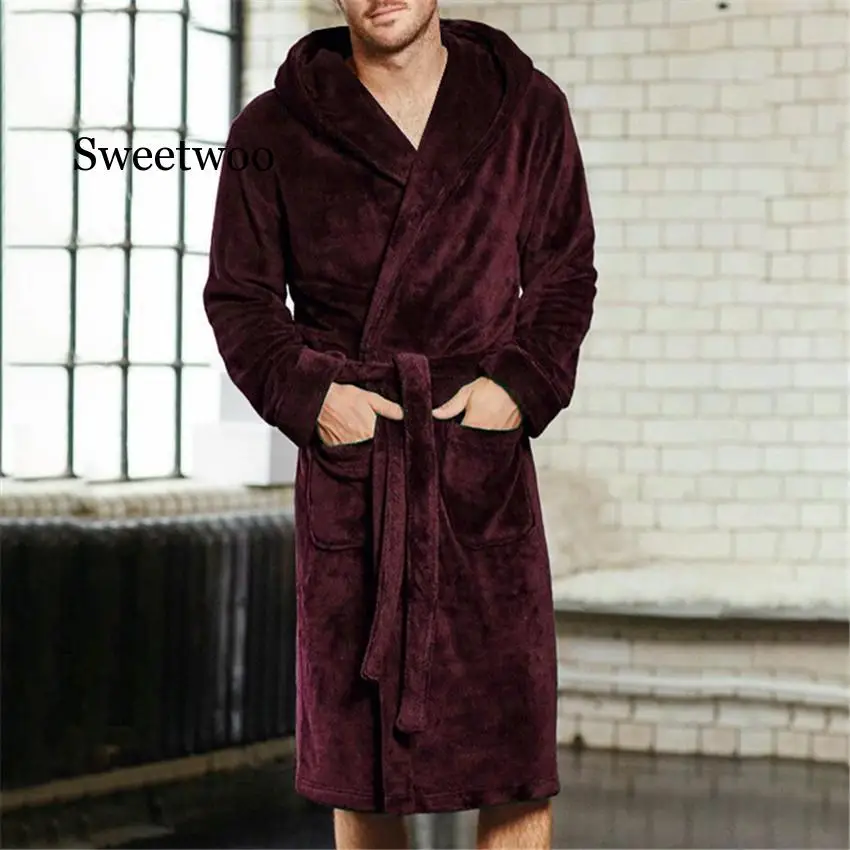 Men Autumn Winter Long Thick Warm Corduroy Bathrobe Solid Towel Long Robe Sleepwear  4XL 5XL Men Kimono Hooded Robe