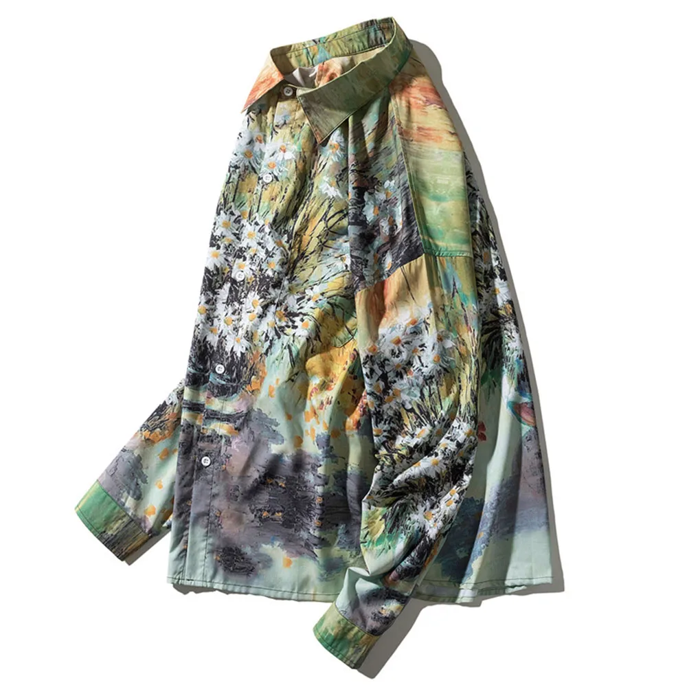 Men Summer Shirt Beach Style Green Leaves Printed Hawaiian Shirts Casual Long Sleeve Turn Down Collar Tops Camisa Homme MCL311