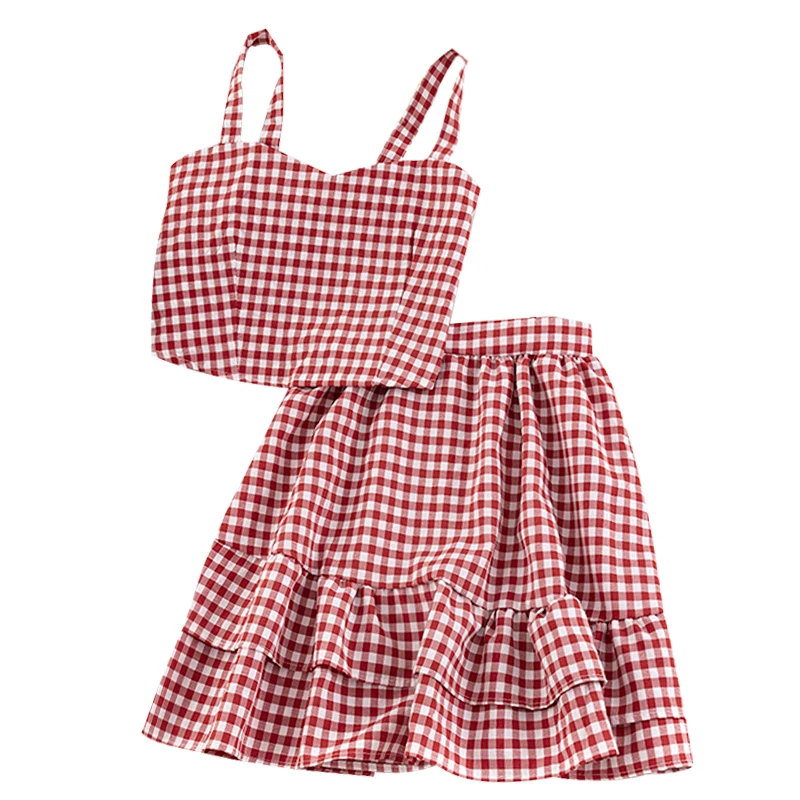

Sets Plaid Spaghetti Tops And Skirt Women Sets Skirt Patchwork Sets Femme Two Pieces Outfits 2020 Summer Sets Women