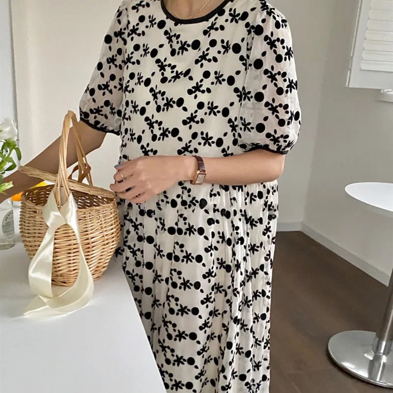 

HziriP Gentle Hot Chic Fashion Short-Sleeved O Neck Female Summer High-Waist Puff Sleeve Loose All-Match Casual A-Line Dress