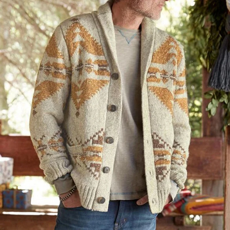 

2021 Autumn Pattern Print Knitted Cardigan Sweaters Coat Mens Winter Fashion Buttons Cardigan Tops Men Casual Long Sleeve Coats
