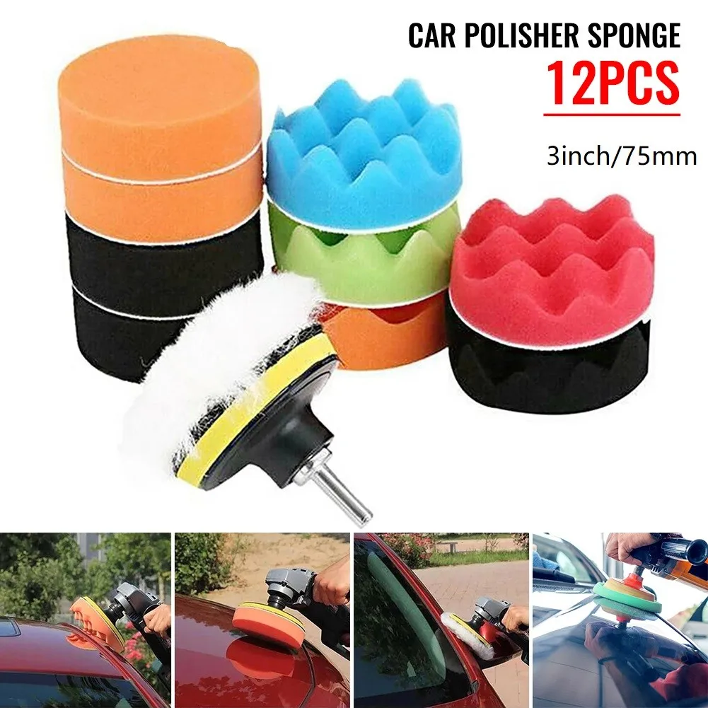 

12pcs 3'' 75mm Sponge Waxing Polishing Pads Buffing Kit For Boat Car Polisher Removes Scratches