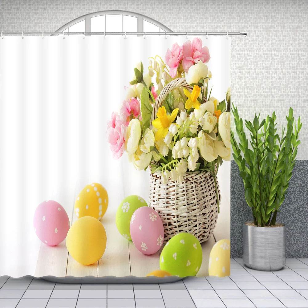easter shower curtains colored egg flowers green plant bathroom decor waterproof polyester home bathtub curtain set with hooks free global shipping