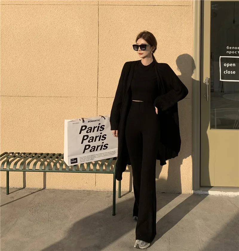 

Women Autumn Winter Three Piece Suit Knit Tracksuits Long Sleeve Crop Top&Long Cardigan&Wide Leg Pants 3 Piece Sets Chic Outfits