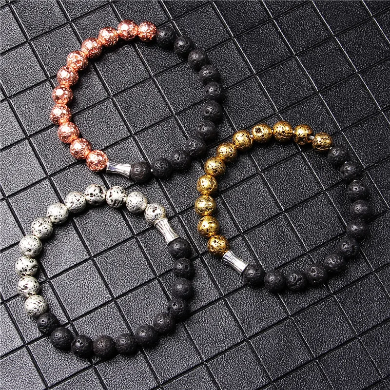 

Electroplate 8 mm Lava Rock Stone Beads Bracelets Men Silver Color Charm Bracelets Women Handmade Fashion Elastic Bangle Jewelry