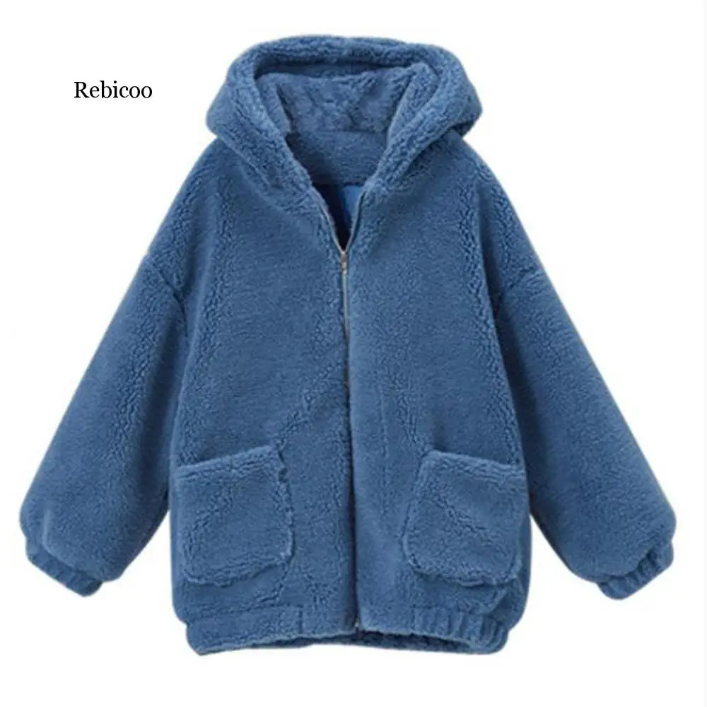 Модное женское теплое пальто куртка с капюшоном из искусственного меха большая