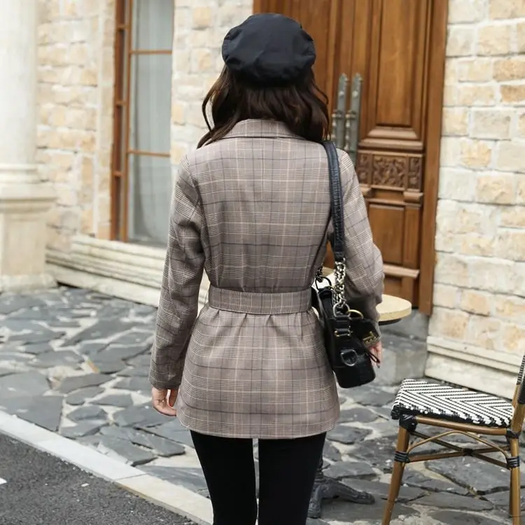 

Women Elegant Vinatge Autumn Winter Sashes Plaid Jacket Female Blazer Pockets Suit Coat Office Lady Slim Overcoat Feme Outerwear