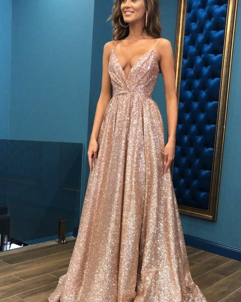 

Shiny Sexy Sling Deep V Big Swing Party Dress Sparkling Gold Party Gown