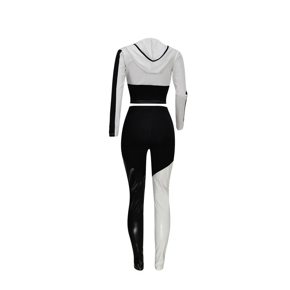 

Fake Zippers Hooded Jackets Women Clothes Autumn Winter Top And Sporting Pants PU Spliced Two Piece Bodycon Outfit Matching Sets