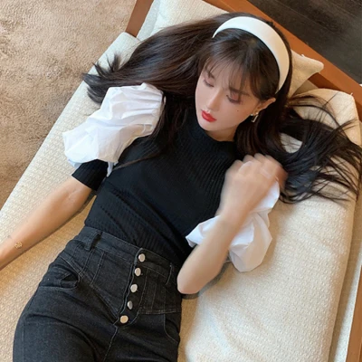 Женский эластичный пуловер с рукавами-фонариками модный вязаный Топ из поплина