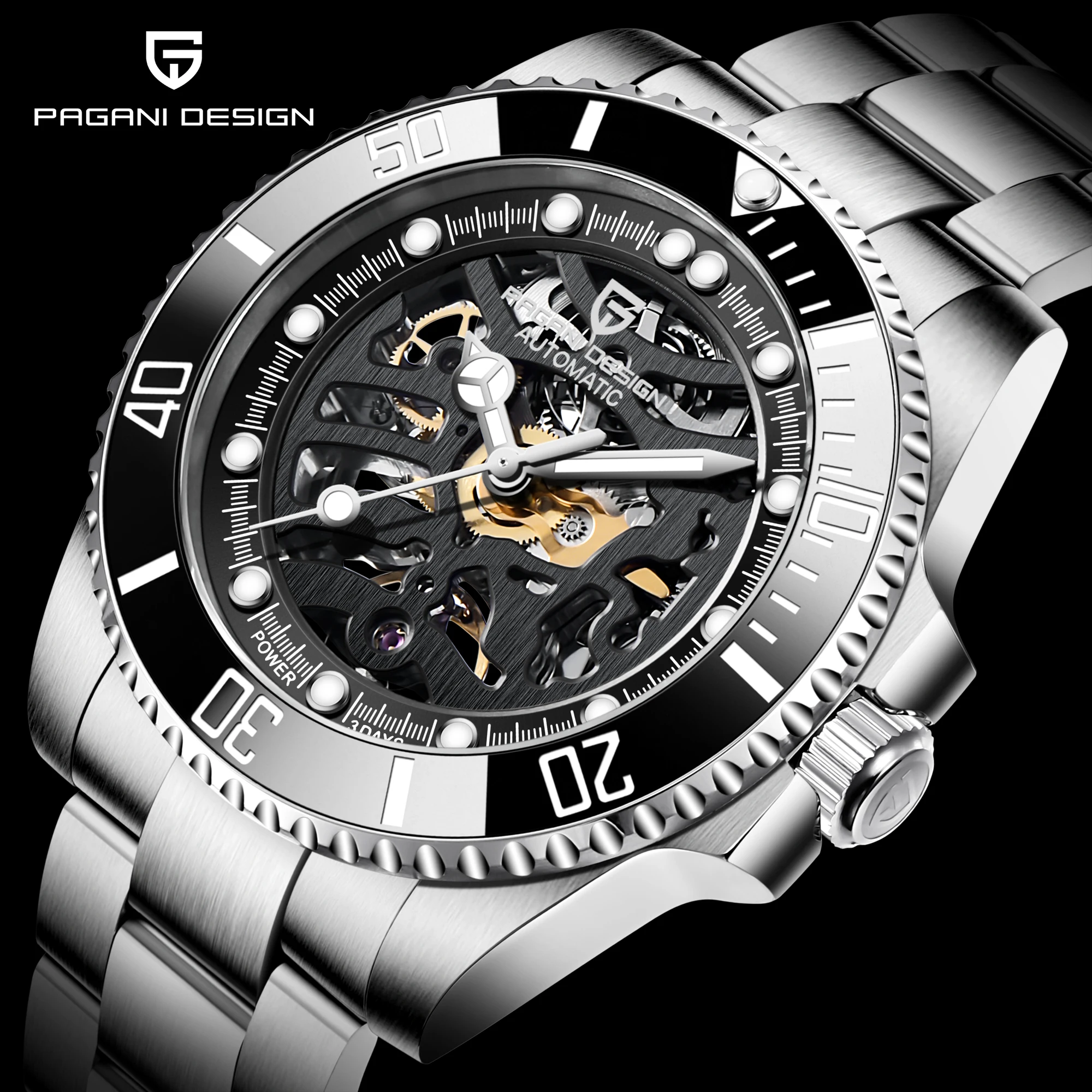 

PAGANI DESIGN Tourbillon Automatic Mechanical Watches Mens 100m Waterproof Watches Stainless Steel Skeleton Watch Reloj Hombre