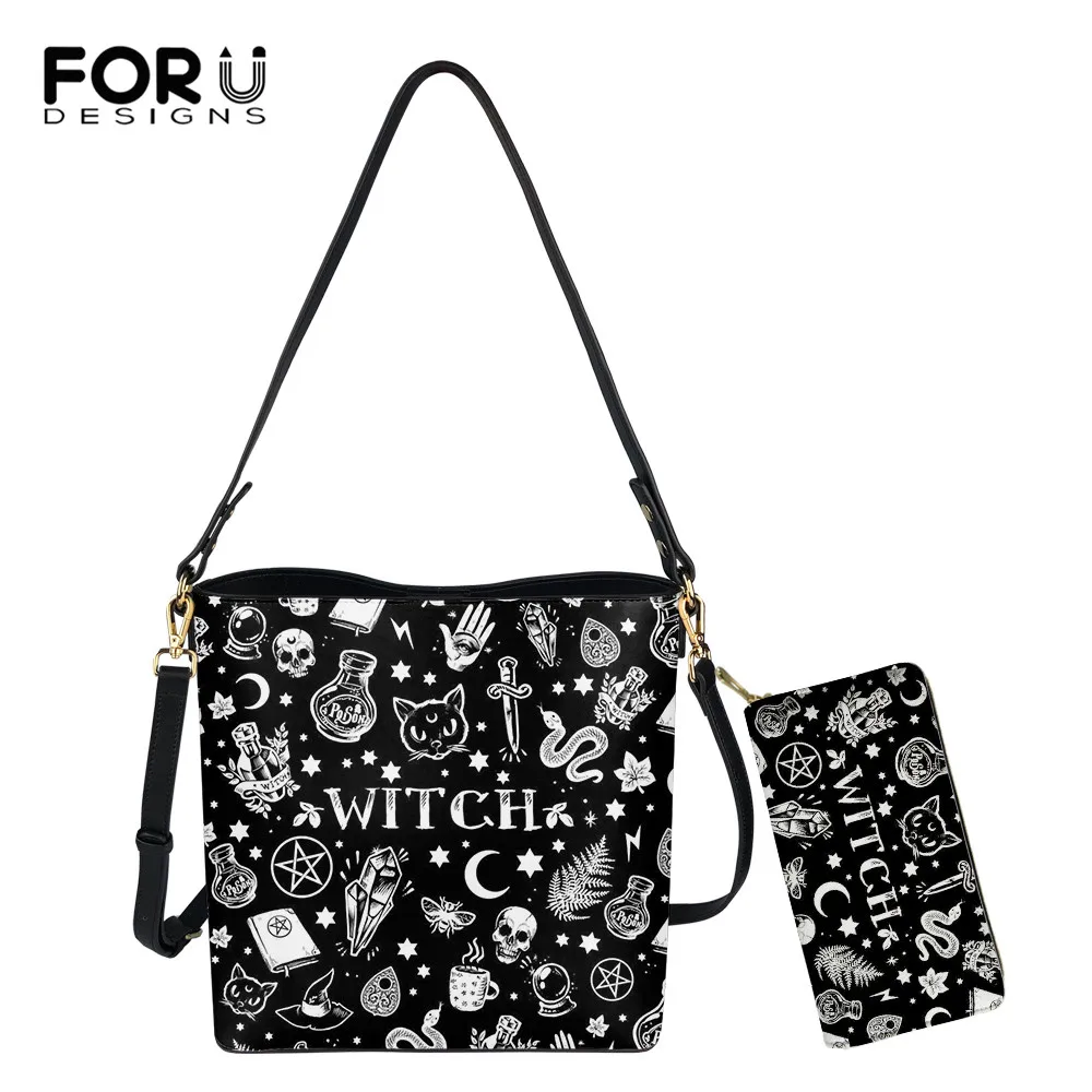 

FORUDESIGNS 2021 The Witchcraft Black Printing Women Casual Shoulder Bag Girls PU Big Handbags And Purse Zipper Bolsa Femininas