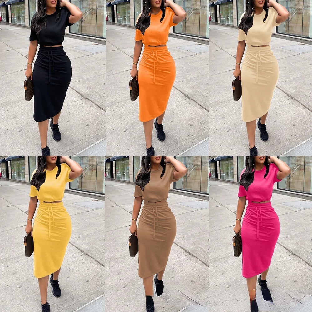 

2021 new spot cross border summer women's dress solid color personalized bandage split short sleeve skirt