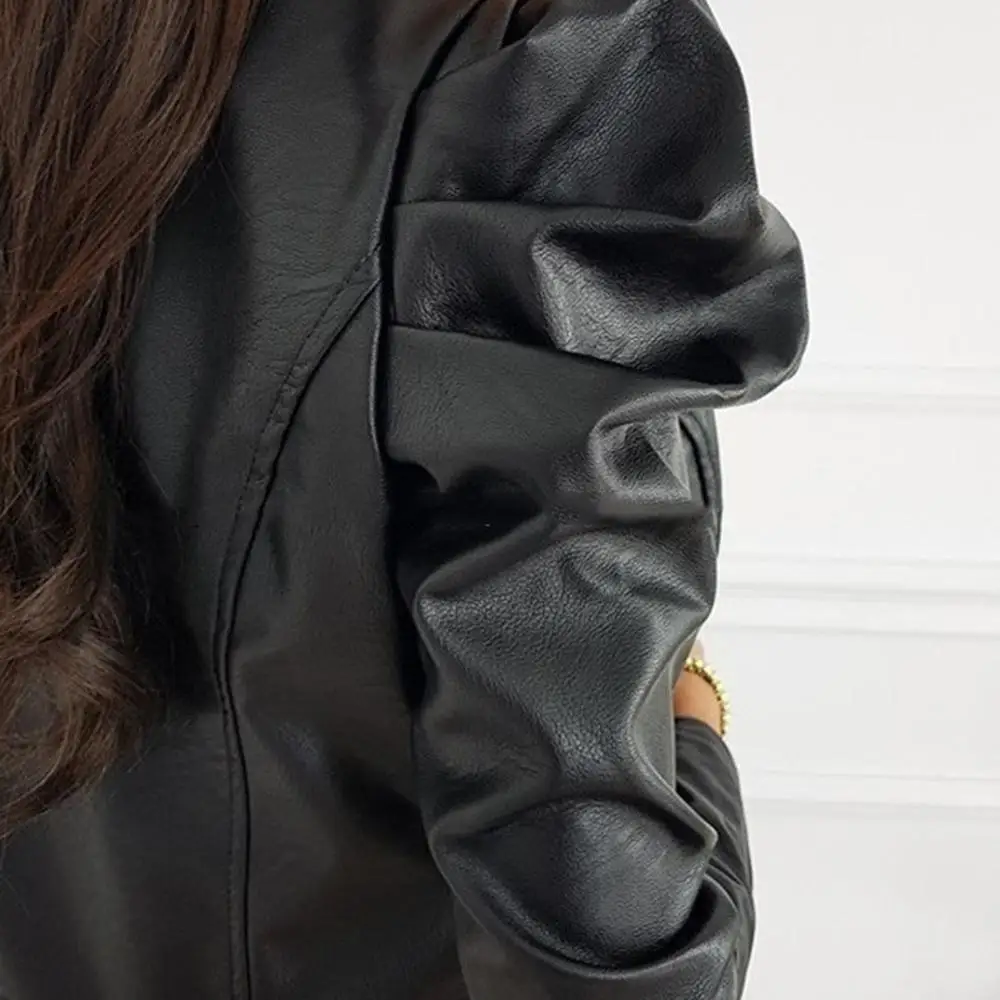 

Women Black Faux Leather Short Jacket Fashion PU Leather Ladies Coat Jacket with Zipper Outerwear Long Puff Sleeve O Neck Tops