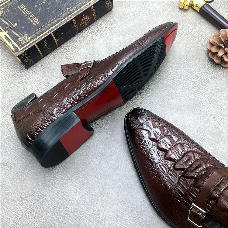 

QYFCIOUFU Men Formal Dress Shoe Genuine Leather Buckle Oxford Luxury Suit Wedding Shoes Big Size High Quality Crocodile Shoes