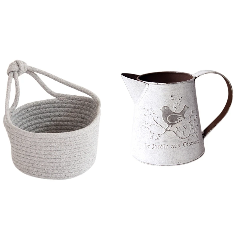 

French Retro Rural White Flower Pots with Household Items Cotton Woven Fishing Basket Small Hanging Basket Gray