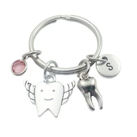 teeth dentist initial letter monogram birthstone keychains keyring creative fashion jewelry women gifts accessories pendant