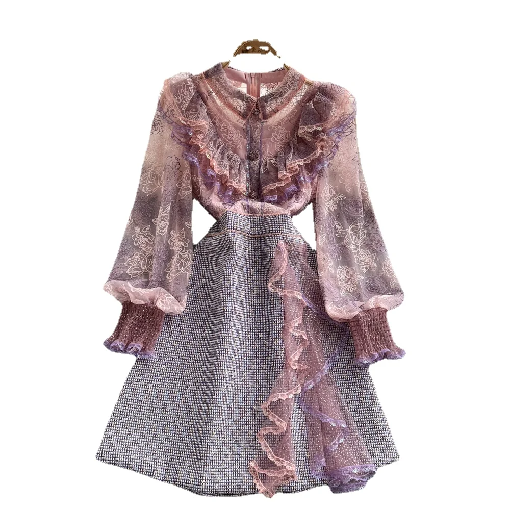 

Palace Style Socialite Temperament Sheer Mesh Embroidery French Dress Patchwork Ruffled Waist-Tight Slimming A- Line Dresses