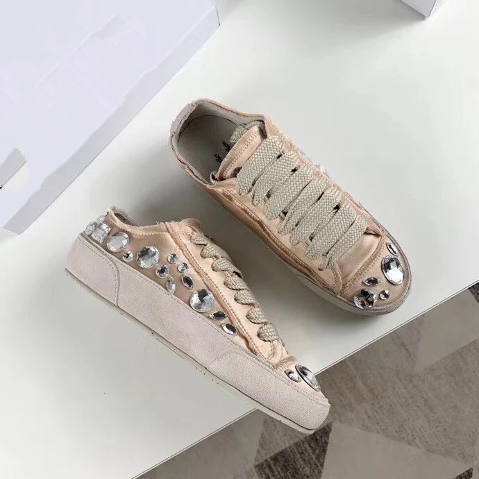 Elmsk Shoes Woman Ins Fashion Blogger Vintage Soft Comfort Satin Summer 100% Silk Gemstone Women Shoes Sneakers Women