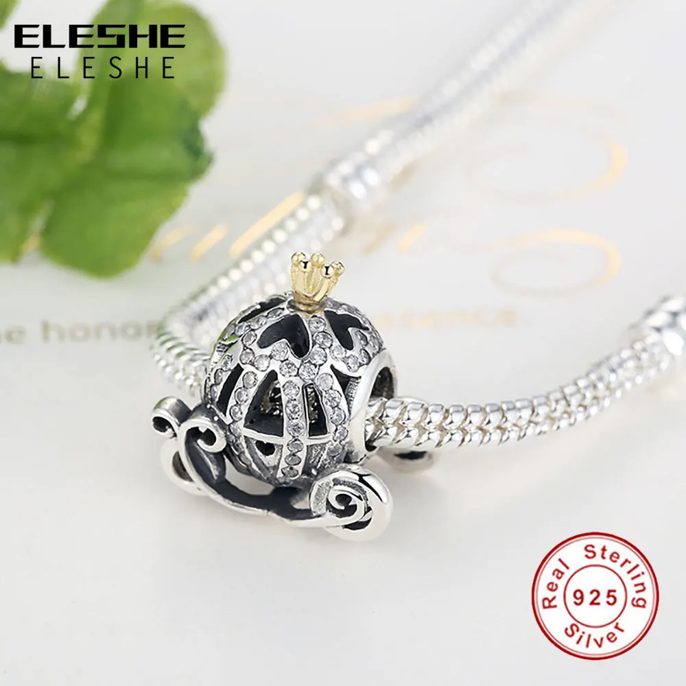 ELESHE, настоящее 925 пробы, серебряная тыква, карета, Золотая Корона, очаровательные бусины, подходят к оригиналу Pandora, очаровательный браслет, сделай сам, изготовление ювелирных изделий